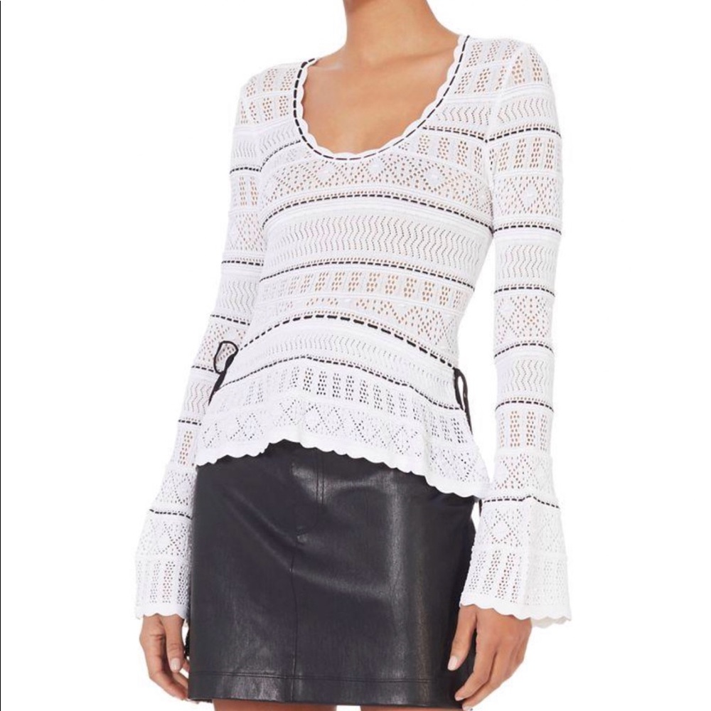 Ronny kobo henya white open knit black tie tassel bell long sleeve sweater top
